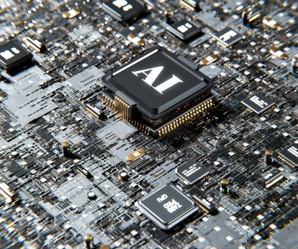 Motherboard with a chip in the middle showing the text "AI"